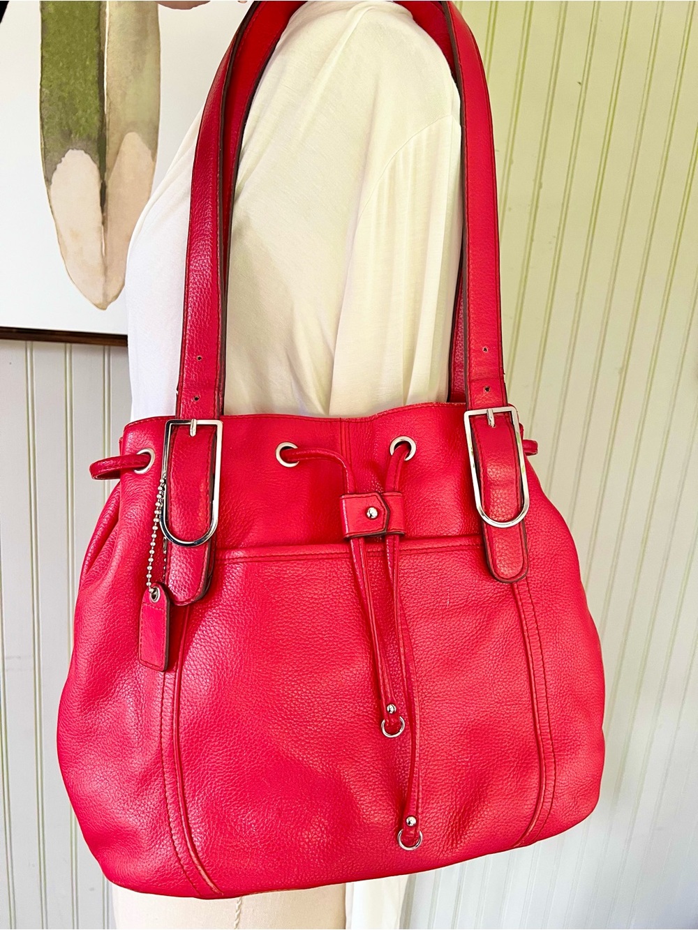 Clark’s Red Genuine Pebbled Leather Drawstring Shoulder Bag
